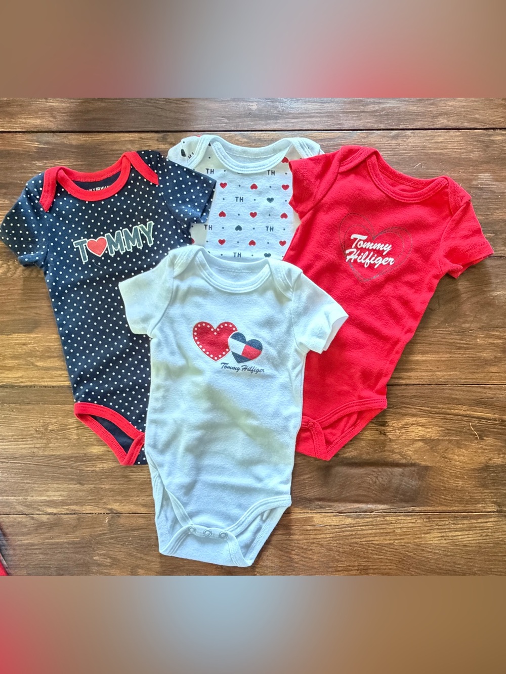 Tommy Hilfiger Baby 4-Pack Heart One-Piece Bodysuits - Red, White, Navy 3-6 mon